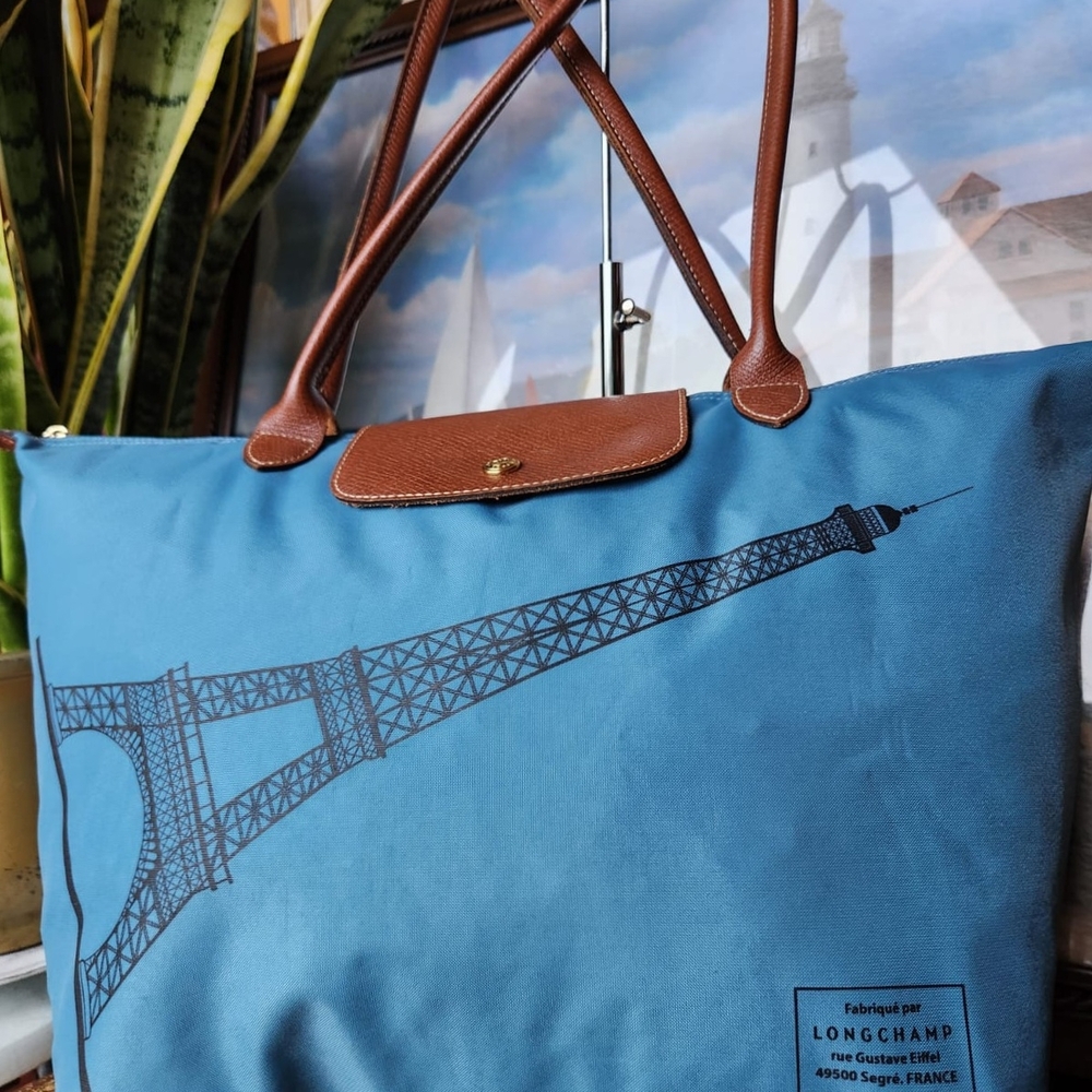 Longchamp LePliage Eiffel Tower Blue and Brown Leather & Nylon Tote Bag